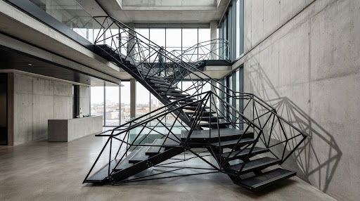 Architectural Steel Staircase with Geometric Steel Framework